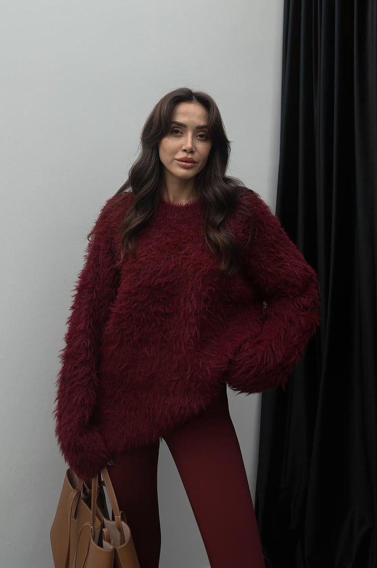 Bordo Oversize Peluş Kazak