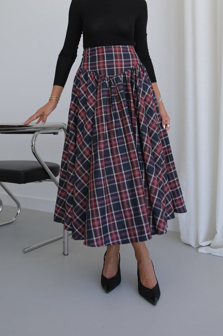 Bordo Pileli Ekoseli Maxi Etek