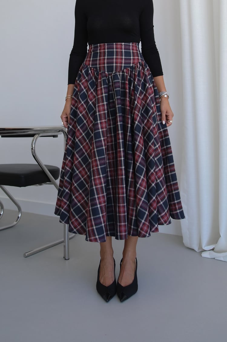 Bordo Pileli Ekoseli Maxi Etek