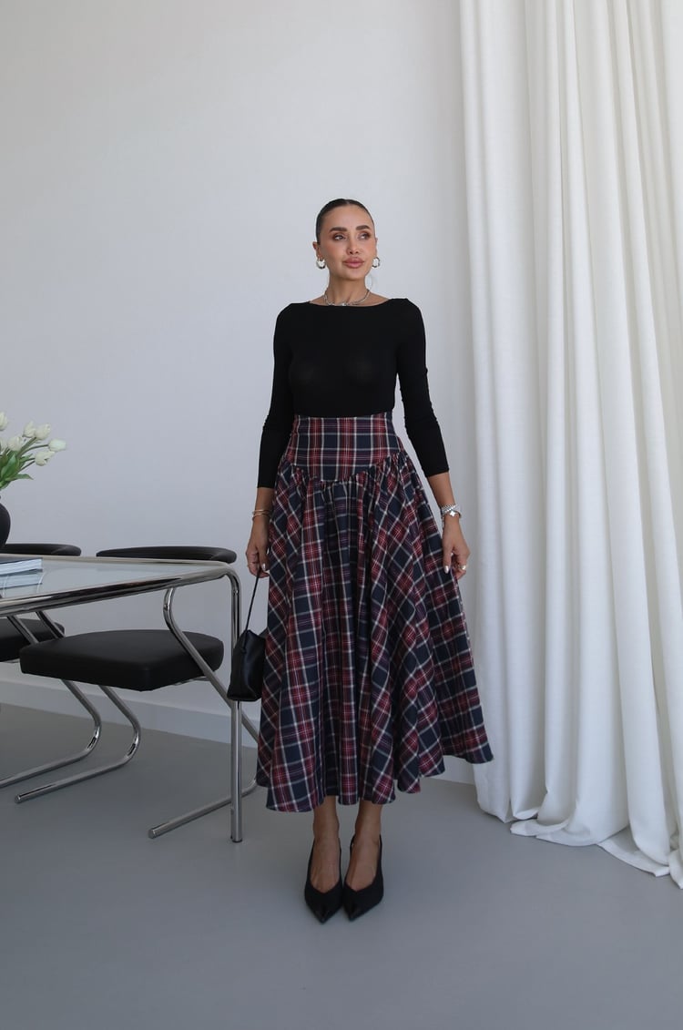 Bordo Pileli Ekoseli Maxi Etek
