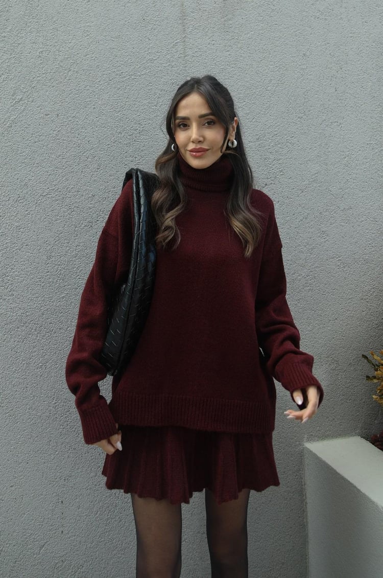 Bordo Pilili Triko Etek Kazak Takım