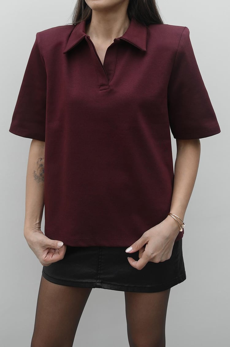 Bordo Polo Yaka Vatkalı Tişört