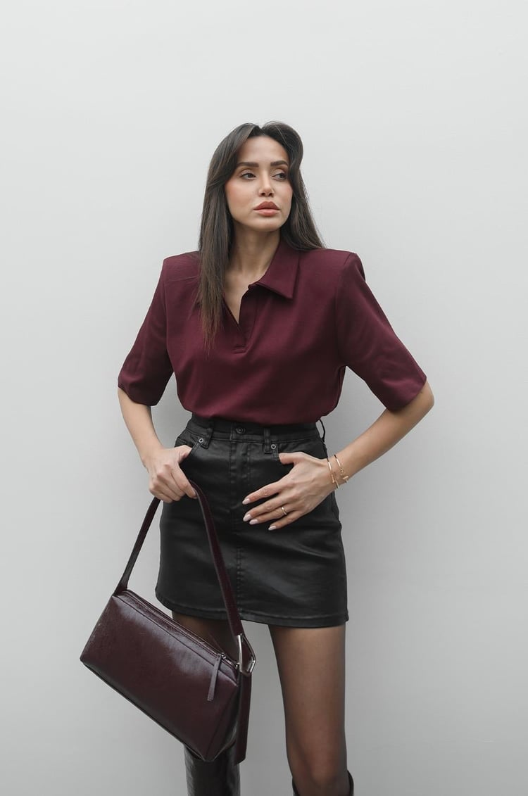 Bordo Polo Yaka Vatkalı Tişört