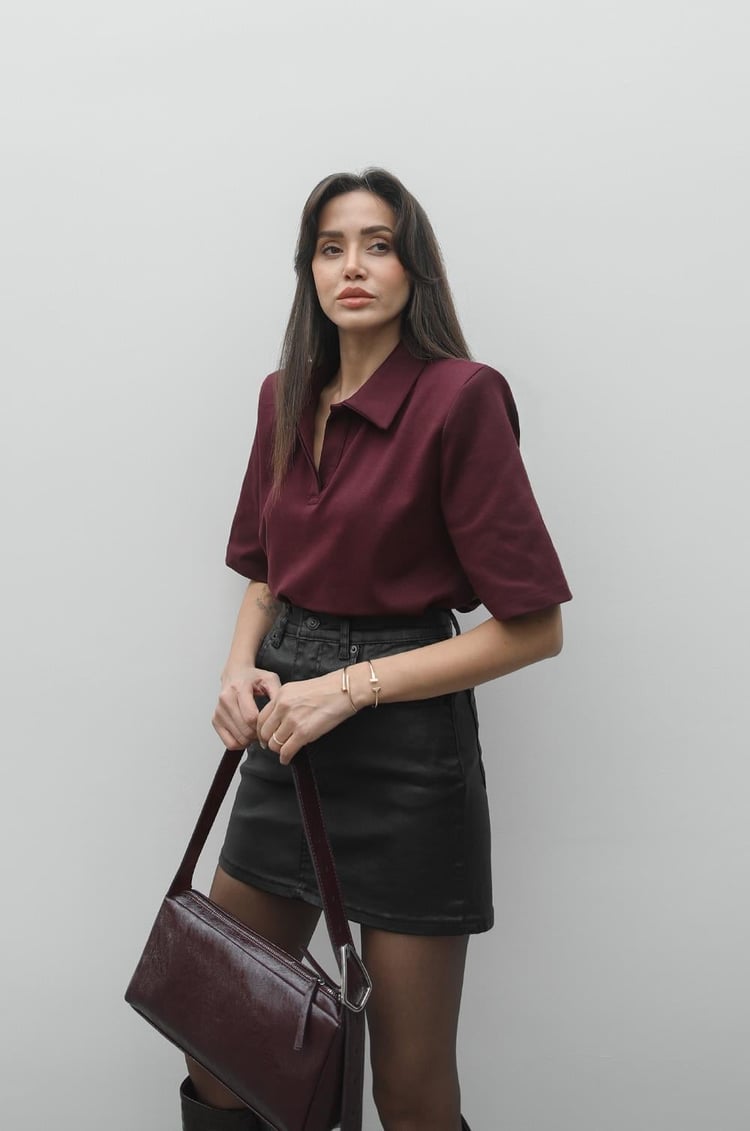 Bordo Polo Yaka Vatkalı Tişört