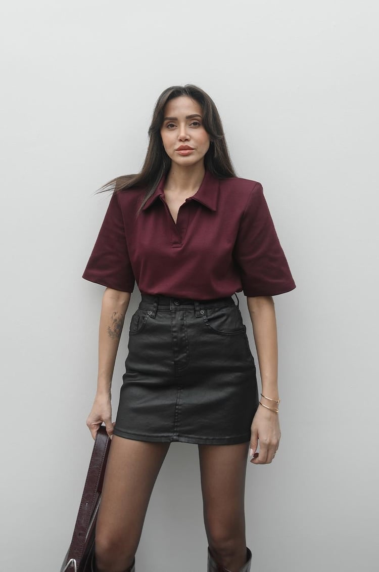 Bordo Polo Yaka Vatkalı Tişört