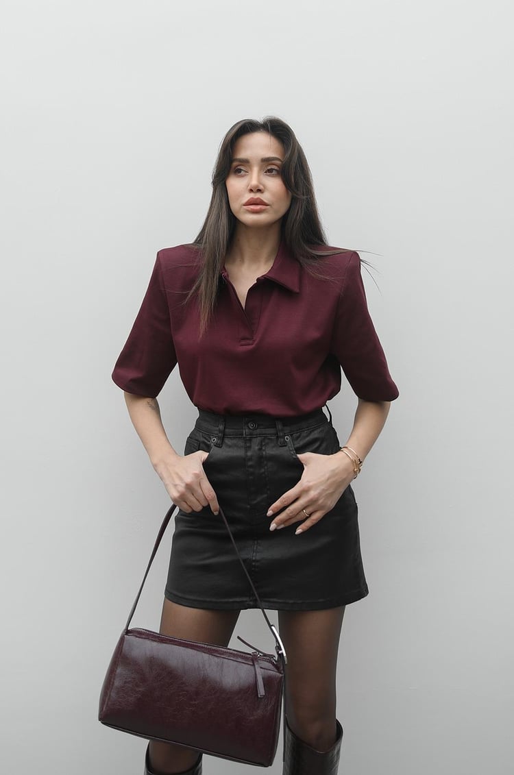 Bordo Polo Yaka Vatkalı Tişört