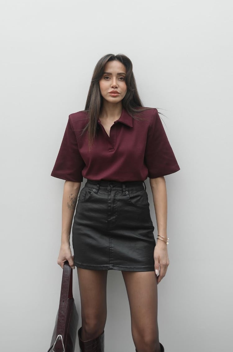 Bordo Polo Yaka Vatkalı Tişört