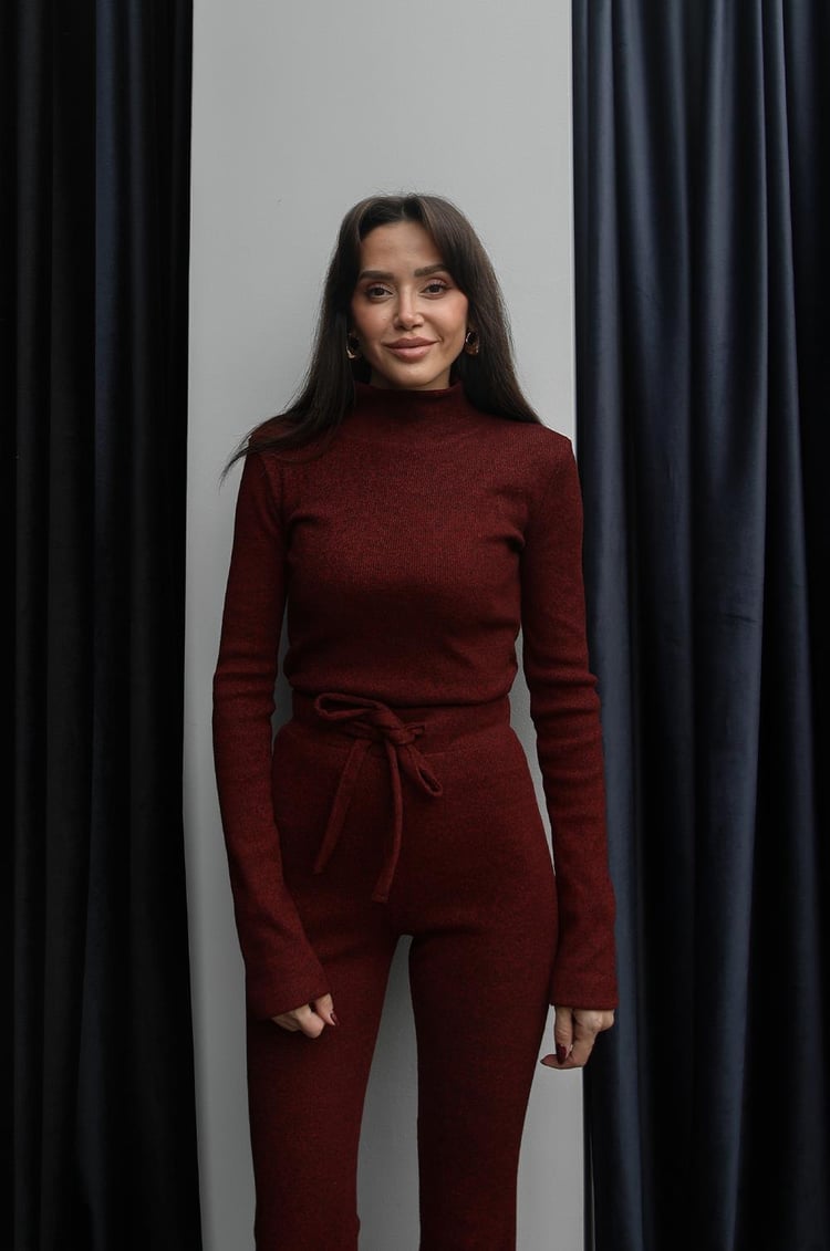 Bordo Ribbed Bluz Pantolon Takım
