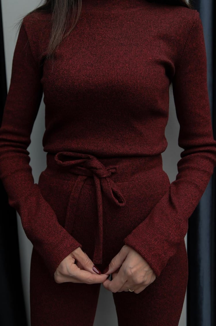 Bordo Ribbed Bluz Pantolon Takım
