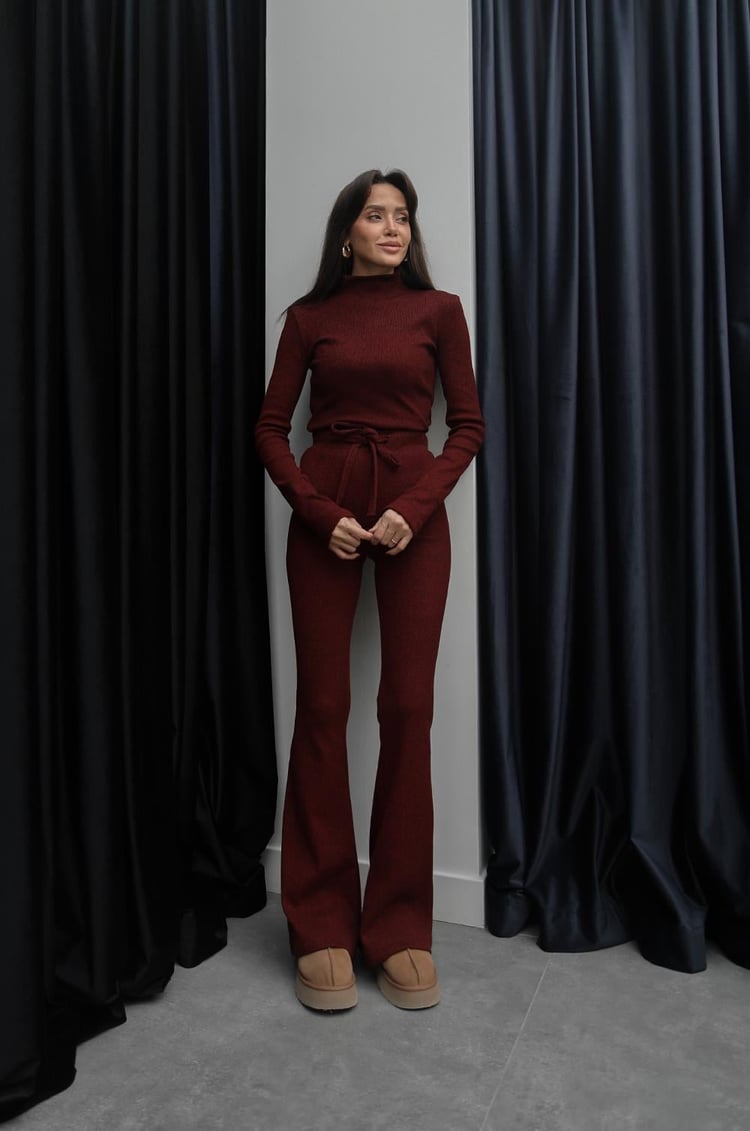 Bordo Ribbed Bluz Pantolon Takım