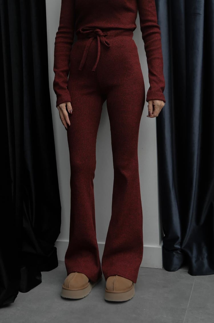 Bordo Ribbed Bluz Pantolon Takım