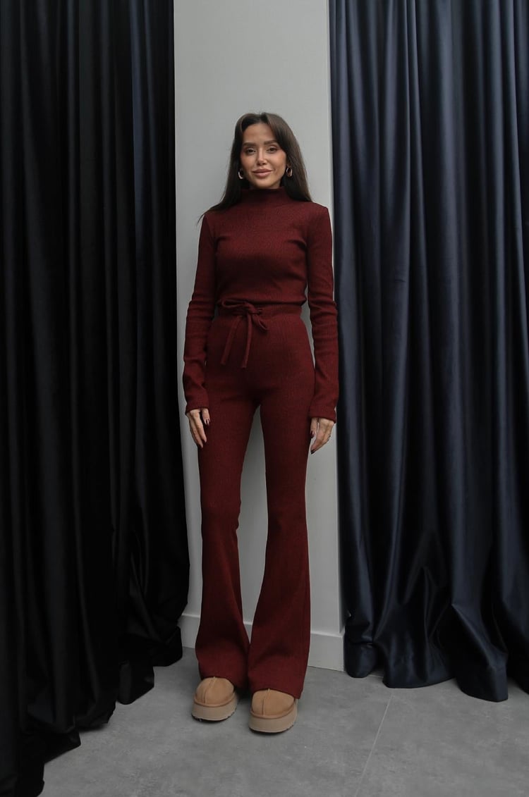 Bordo Ribbed Bluz Pantolon Takım