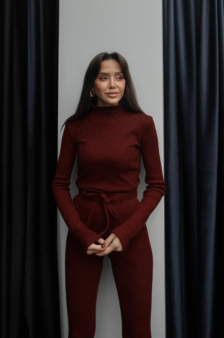 Bordo Ribbed Bluz Pantolon Takım