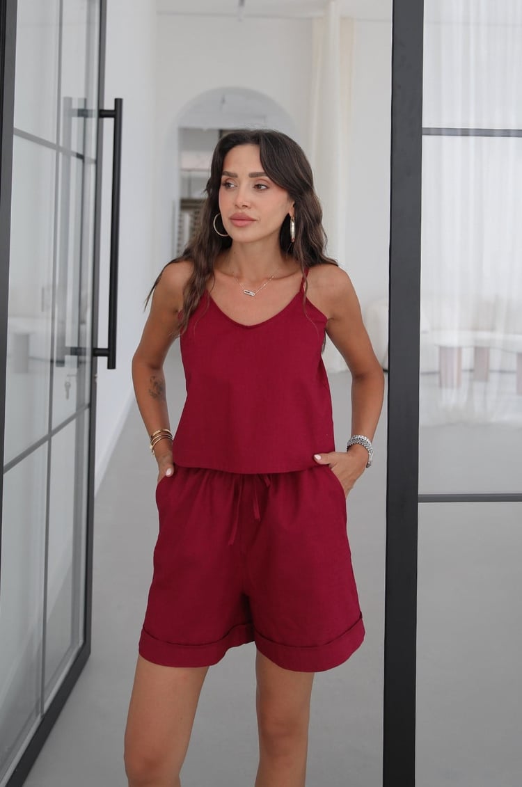Bordo Riley Askılı Bluz Şort Keten Takım