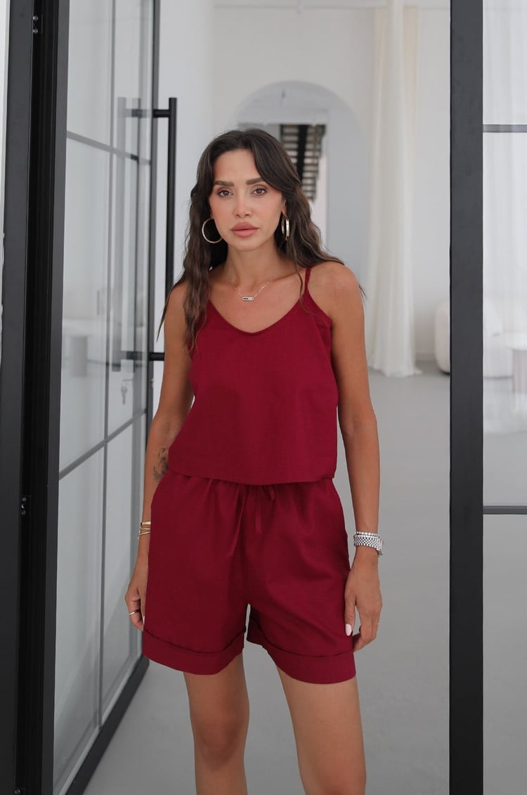 Bordo Riley Askılı Bluz Şort Keten Takım