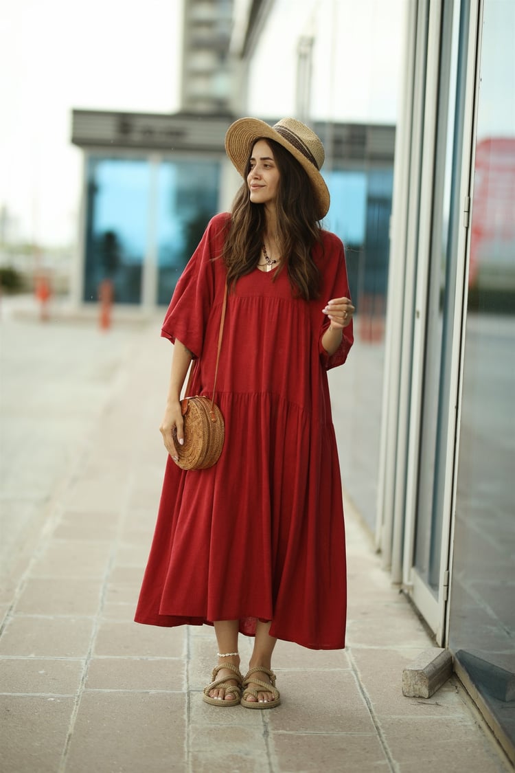 Bordo Salaş Keten Elbise
