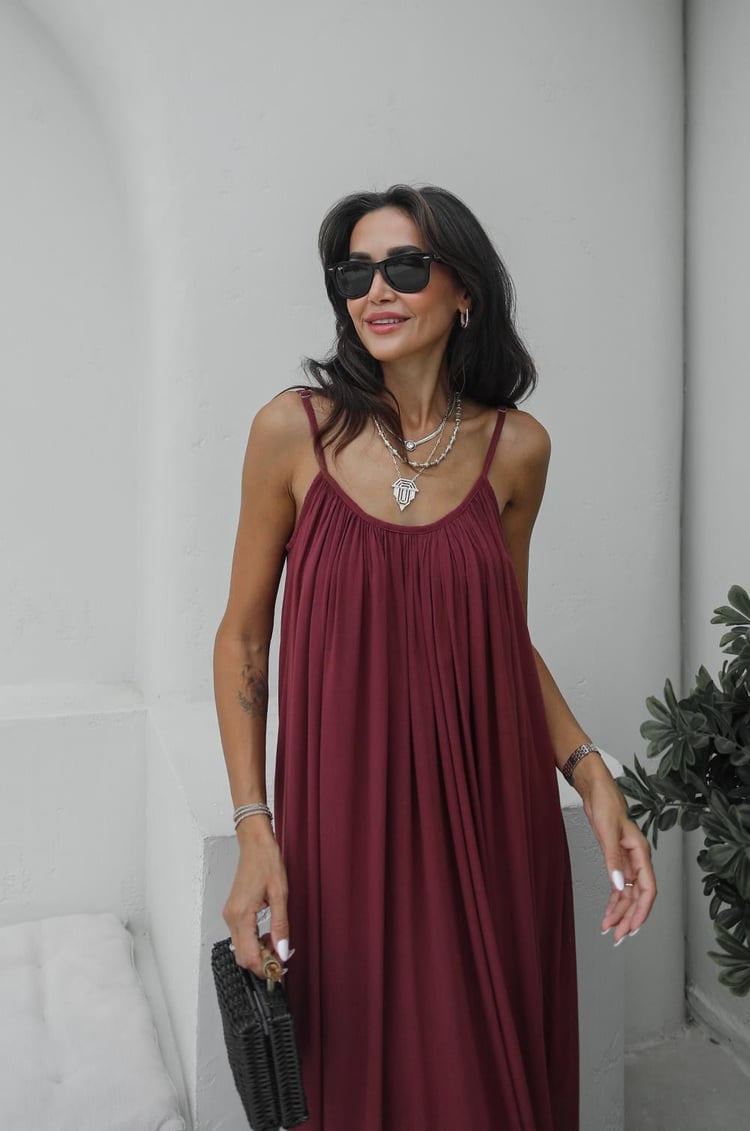 Bordo Santos Askılı Elbise