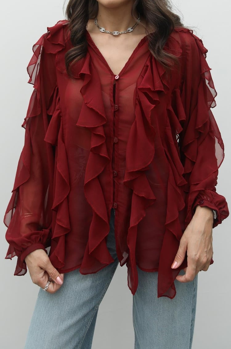 Bordo Seymour Fırfırlı Gömlek