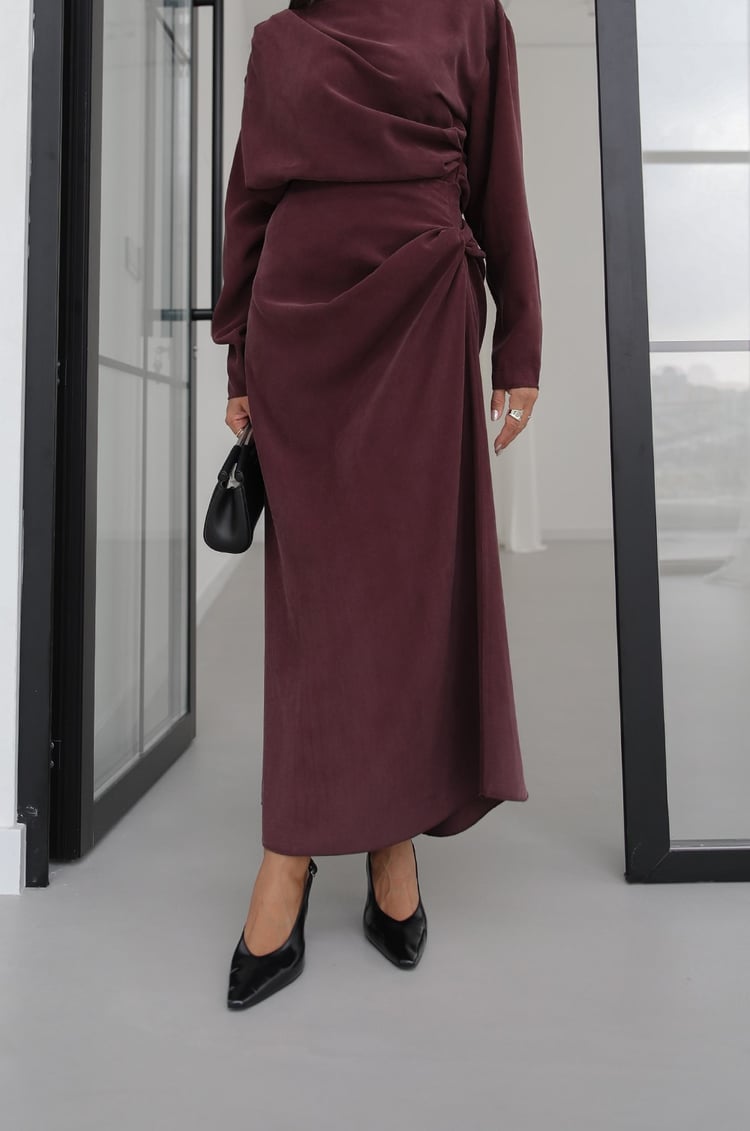 Bordo Shirred Asimetrik Bluz Etek Takım