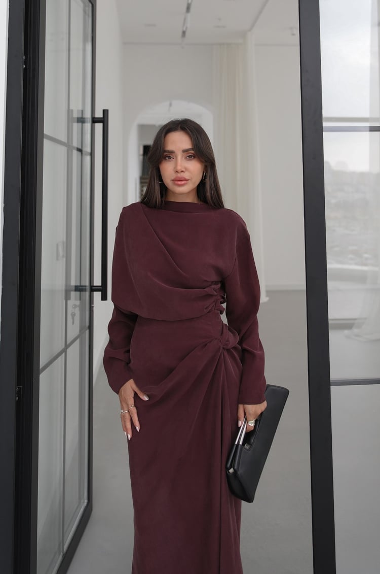 Bordo Shirred Asimetrik Bluz Etek Takım