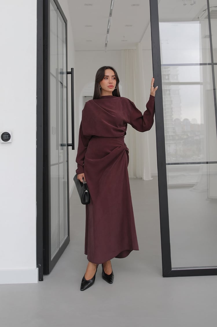Bordo Shirred Asimetrik Bluz Etek Takım