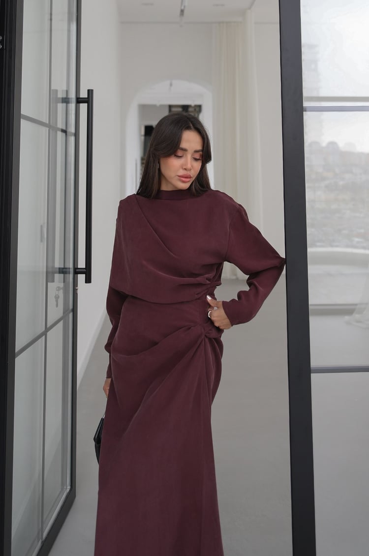 Bordo Shirred Asimetrik Bluz Etek Takım