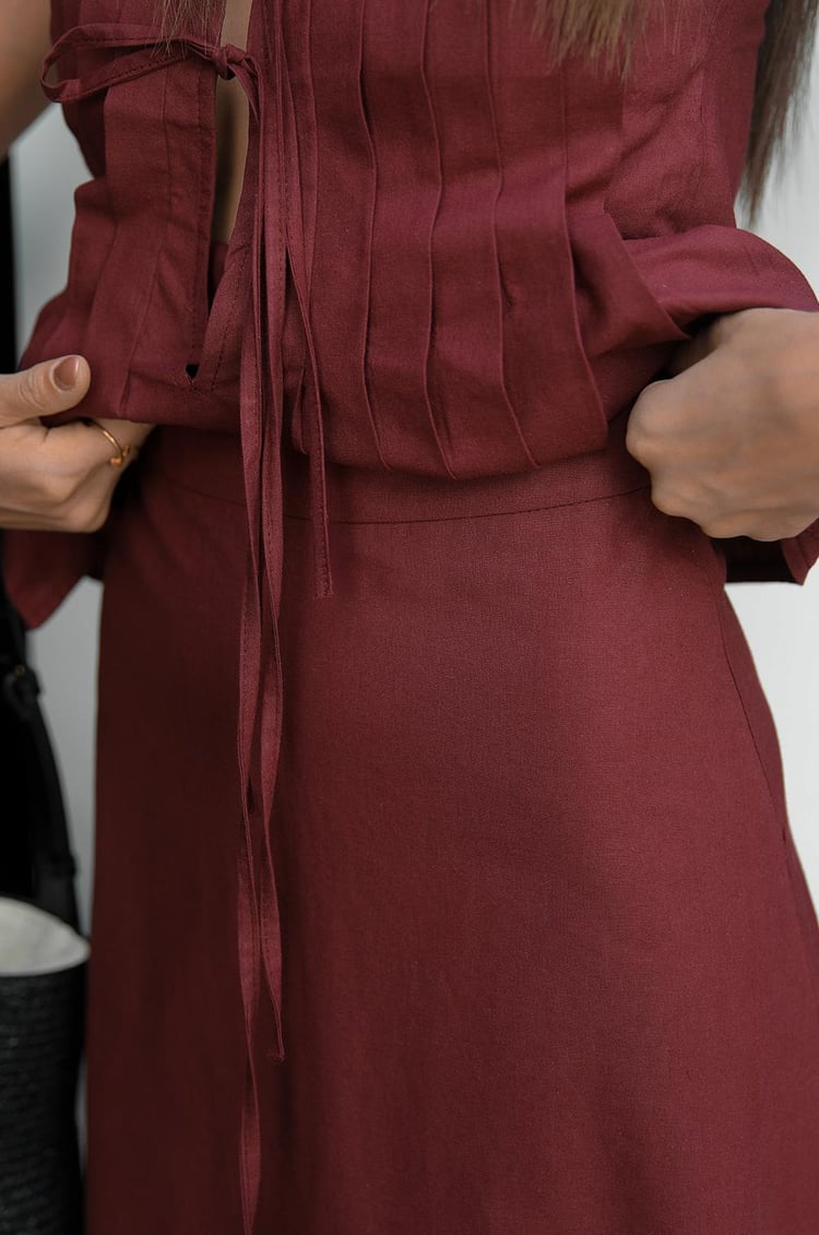 Bordo Sprot Bağlamalı Bluz Etek Takım