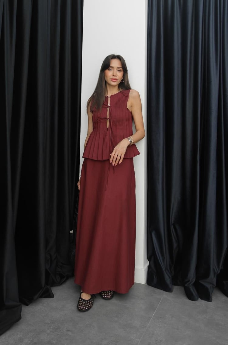 Bordo Sprot Bağlamalı Bluz Etek Takım