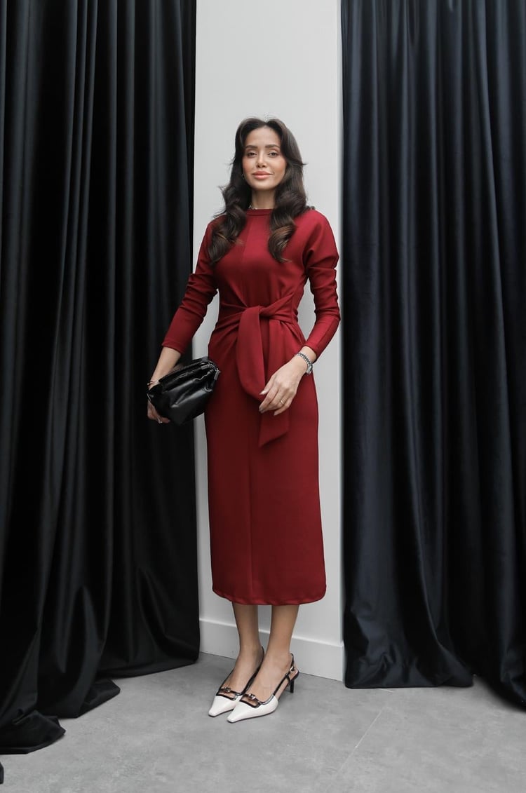 Bordo Star Önü Bağlamalı Elbise