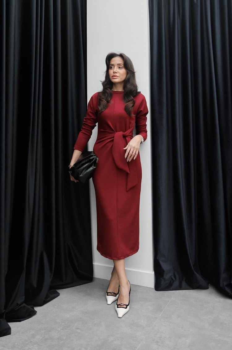 Bordo Star Önü Bağlamalı Elbise
