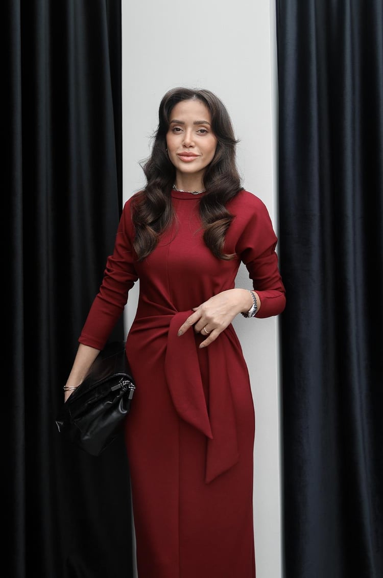Bordo Star Önü Bağlamalı Elbise