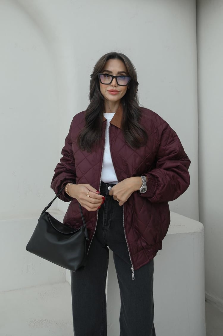Bordo Süet Yakalı Kapitone Mont