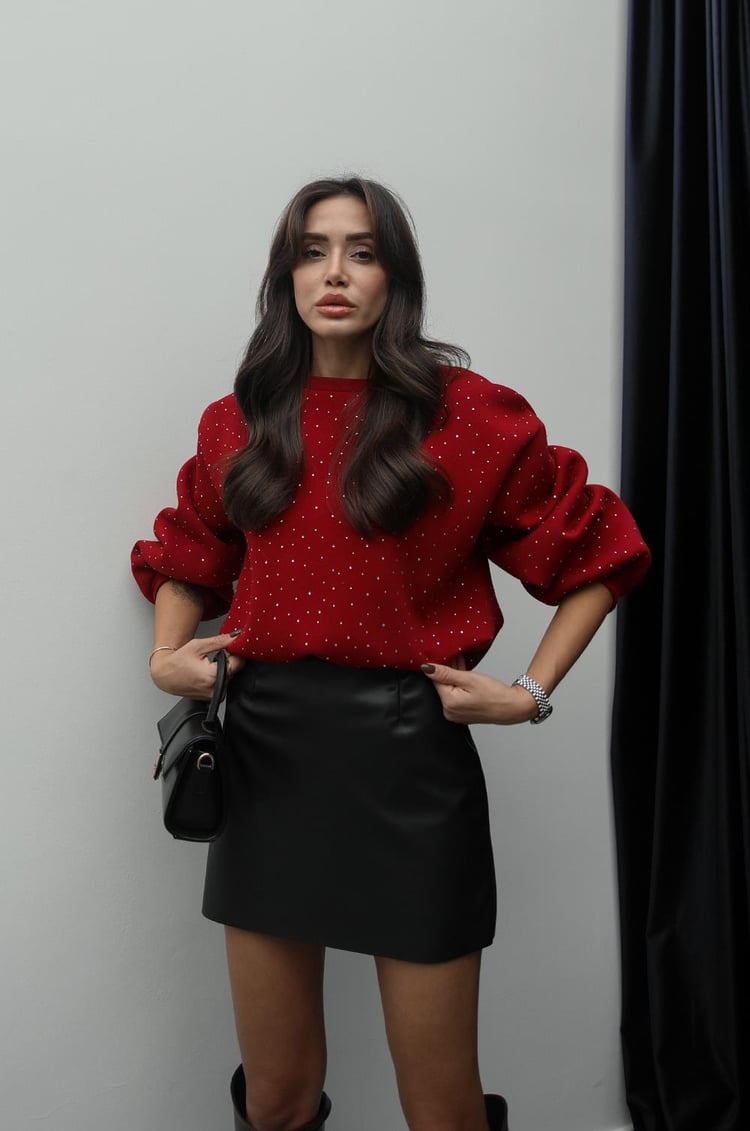 Bordo Taş Detaylı Sweatshirt