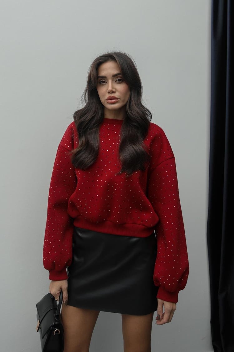 Bordo Taş Detaylı Sweatshirt