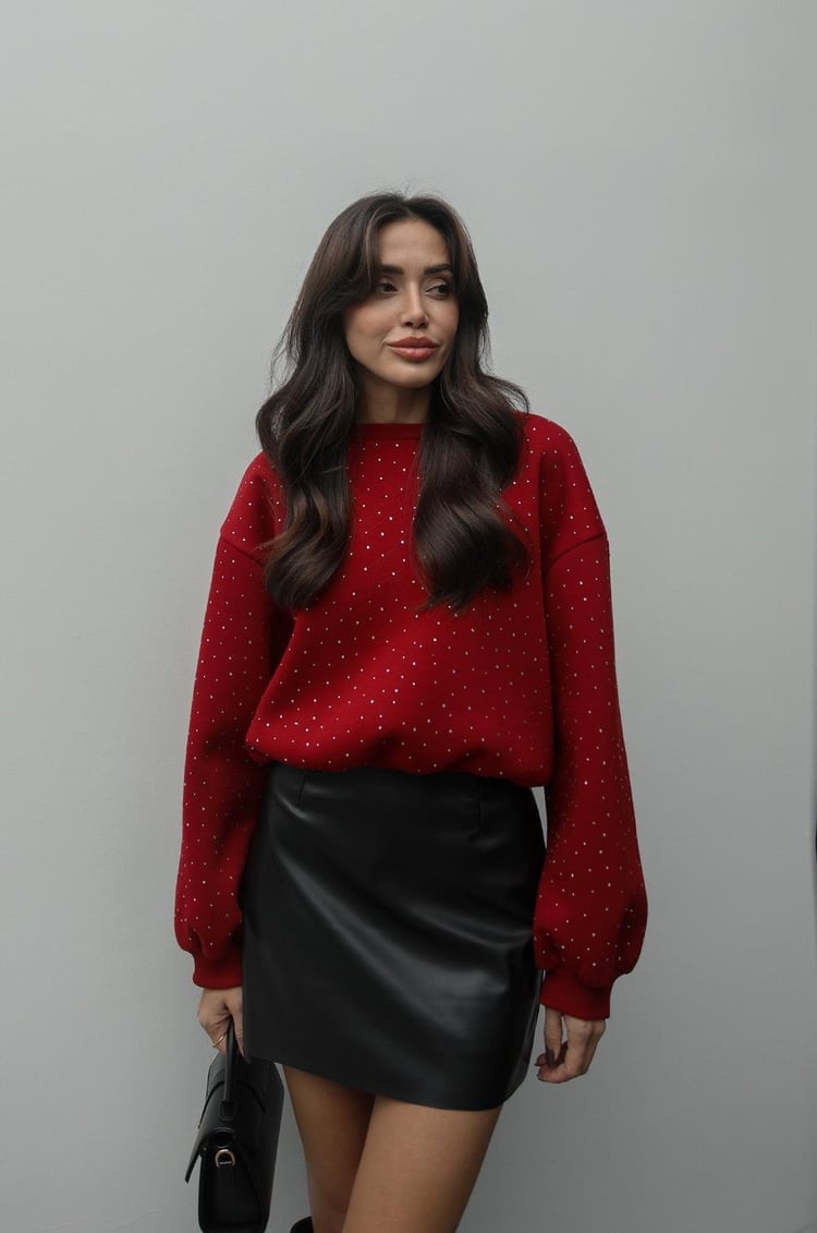 Bordo Taş Detaylı Sweatshirt