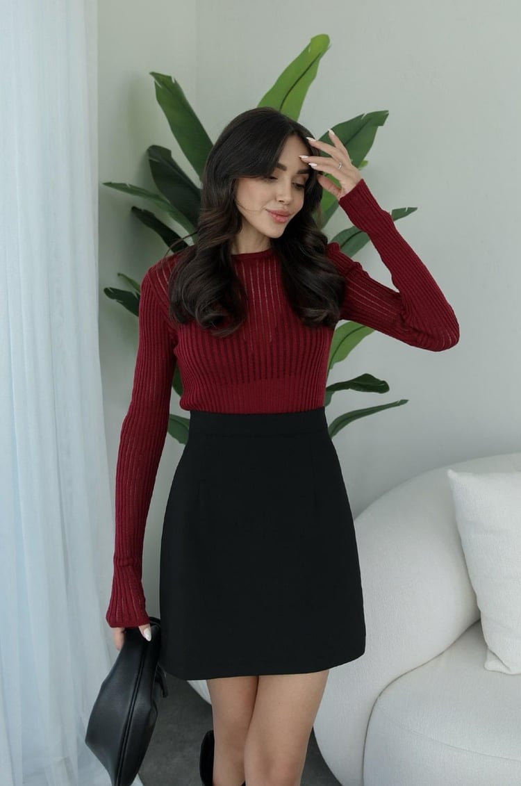 Bordo Transparan Bisiklet Yaka Bluz