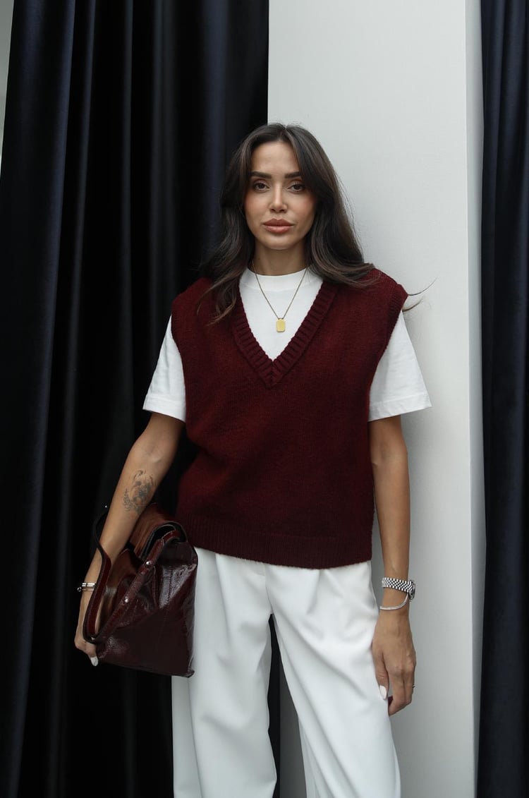 Bordo V Yaka Fitilli Kenarlı Kolsuz Süveter