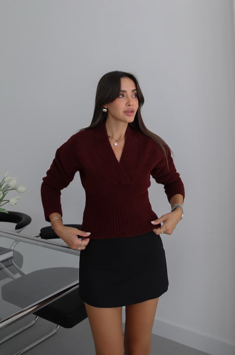 Bordo V Yaka Ribana Fitilli Kazak