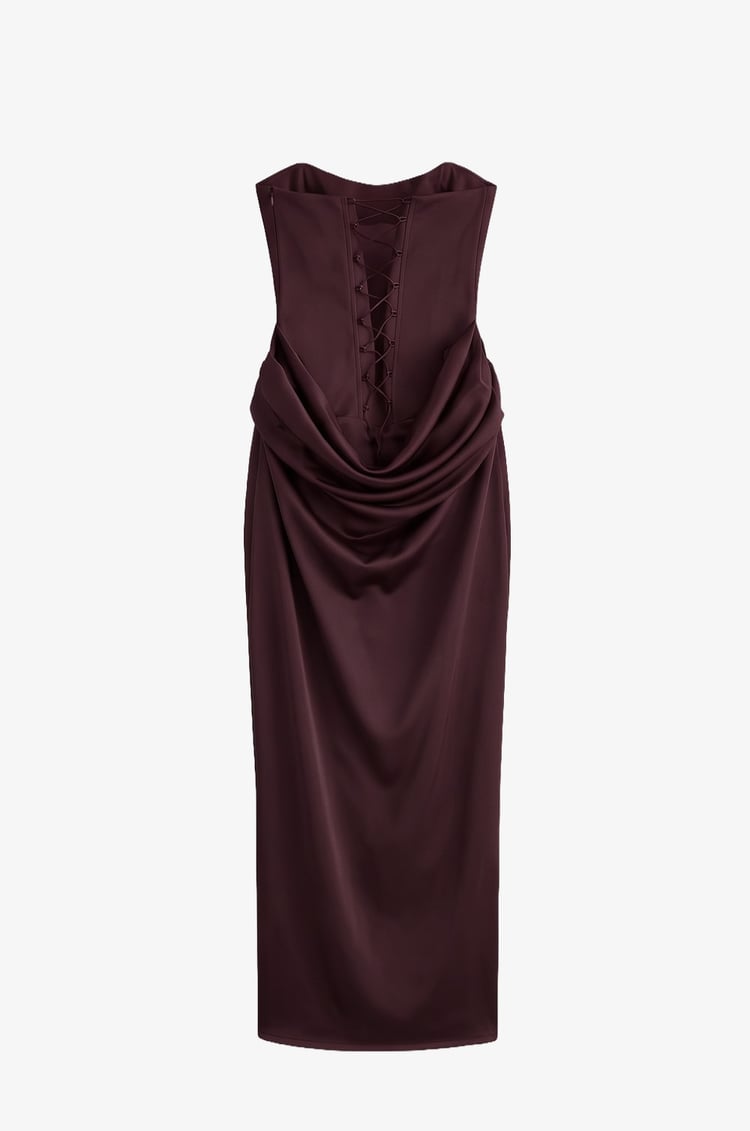 Bordo Vesper Drape Detaylı Straplez Elbise