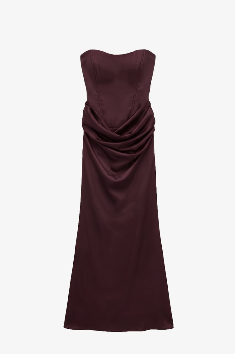 Bordo Vesper Drape Detaylı Straplez Elbise