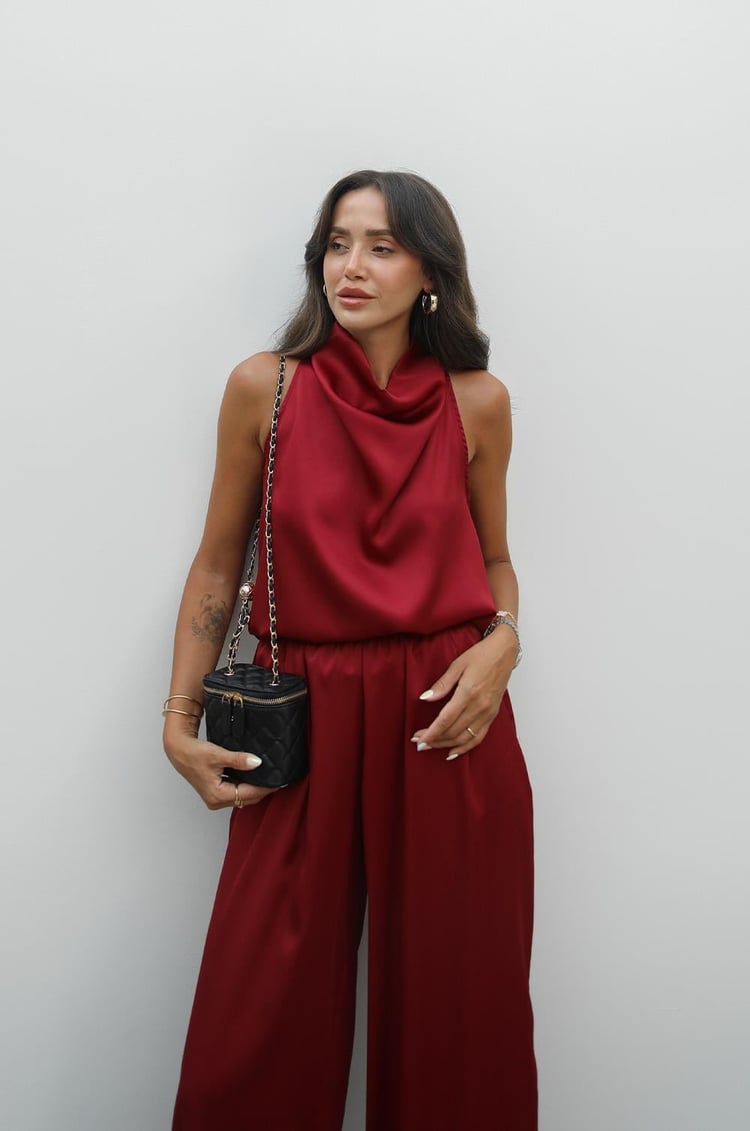 Bordo Winkle Saten Bluz Pantolon Takım