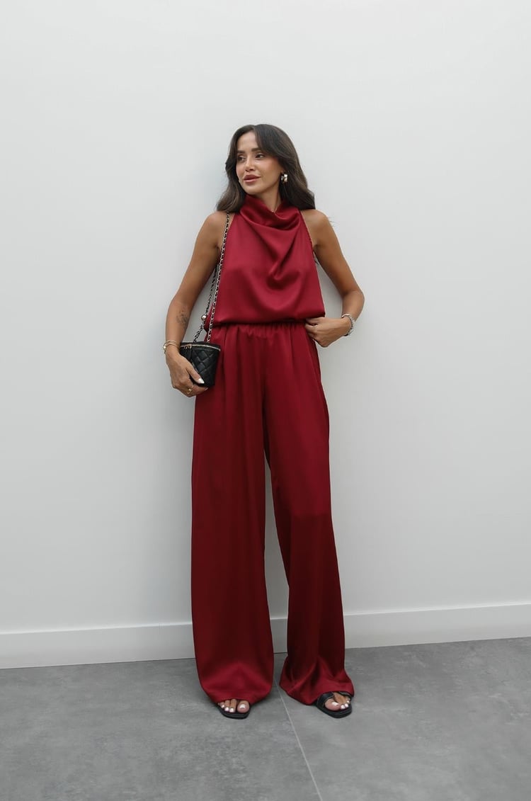Bordo Winkle Saten Bluz Pantolon Takım