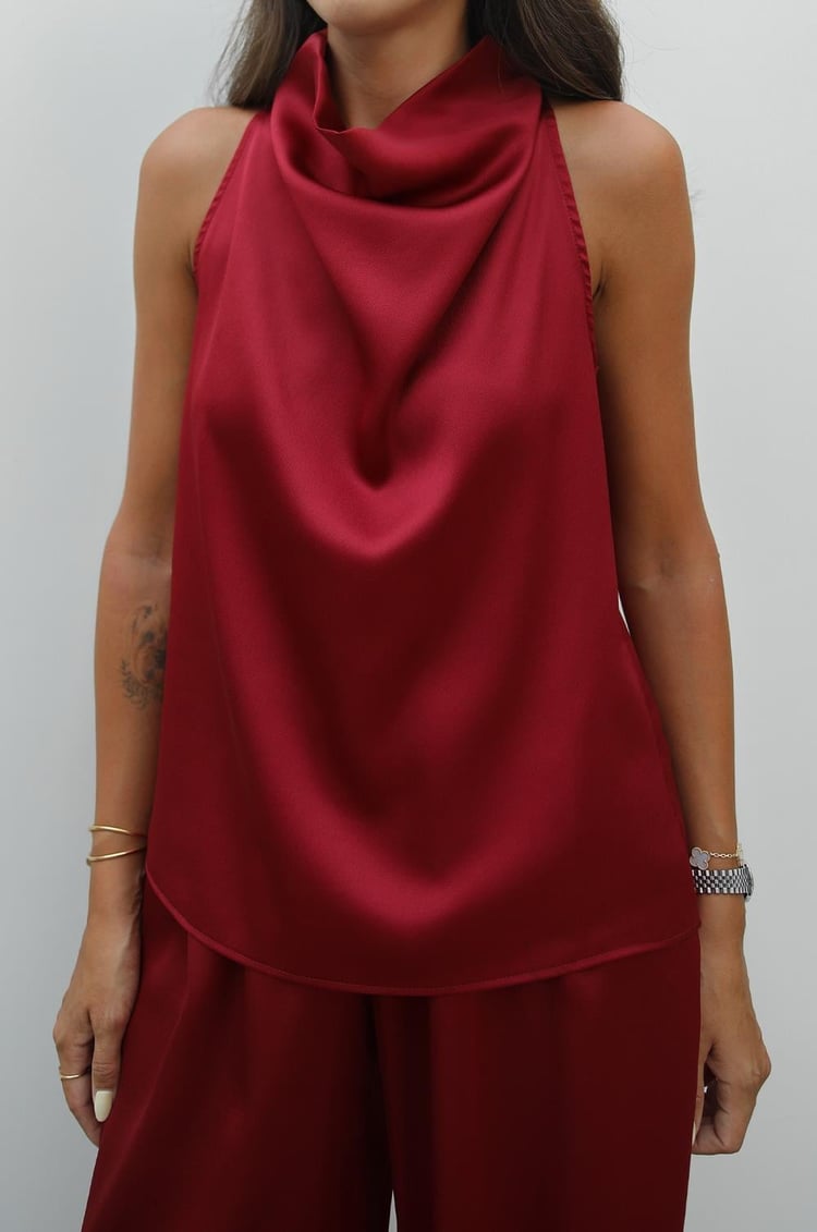 Bordo Winkle Saten Bluz Pantolon Takım