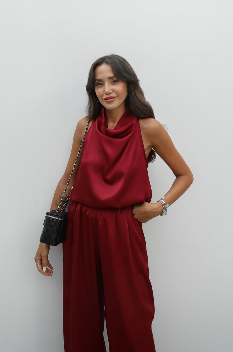 Bordo Winkle Saten Bluz Pantolon Takım