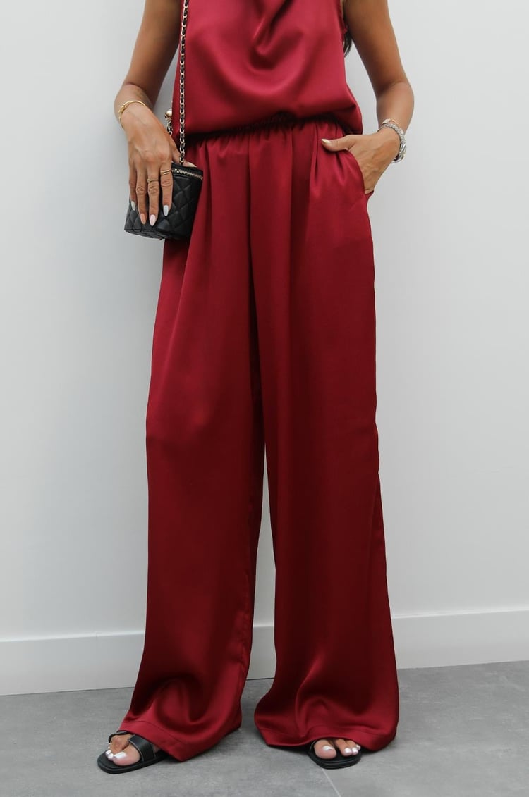 Bordo Winkle Saten Bluz Pantolon Takım
