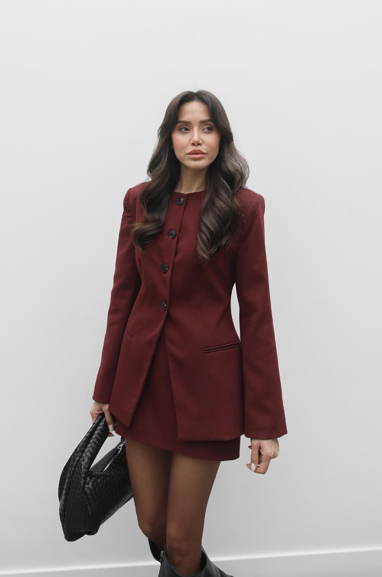 Bordo Yakasız Fit Blazer Ceket