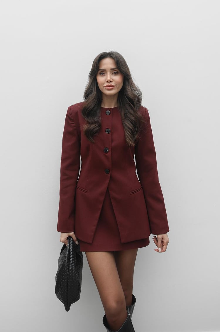 Bordo Yakasız Fit Blazer Ceket
