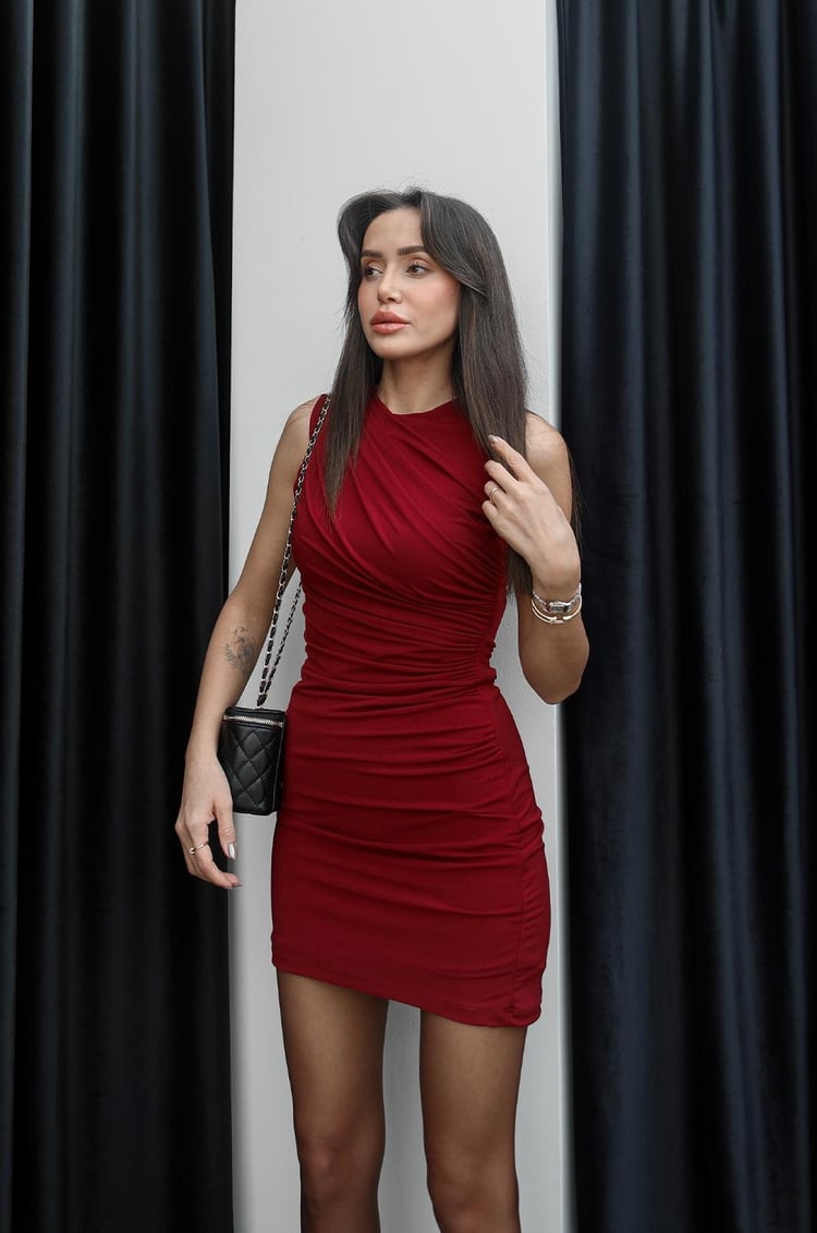 Bordo Yan Drapeli Sıfır Kol Elbise
