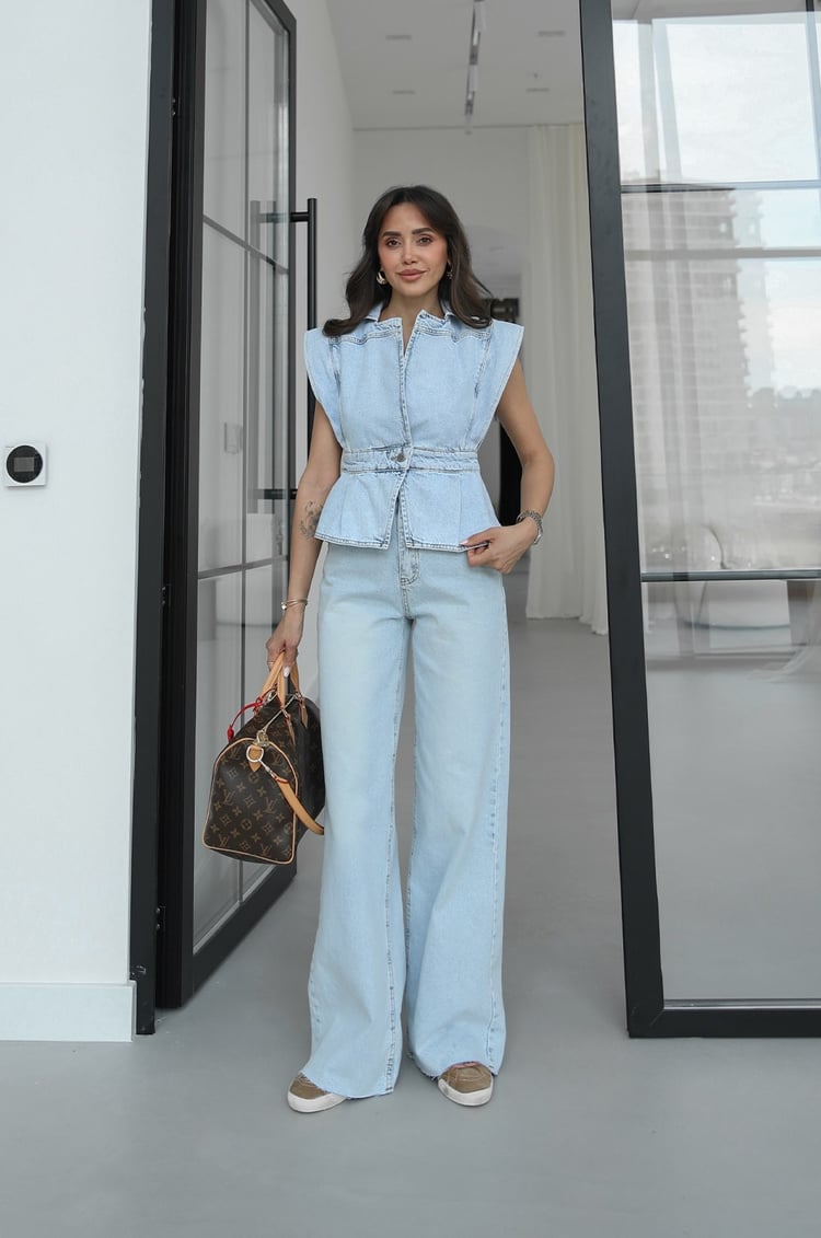 Buz Mavisi Tek Düğmeli Denim Yelek