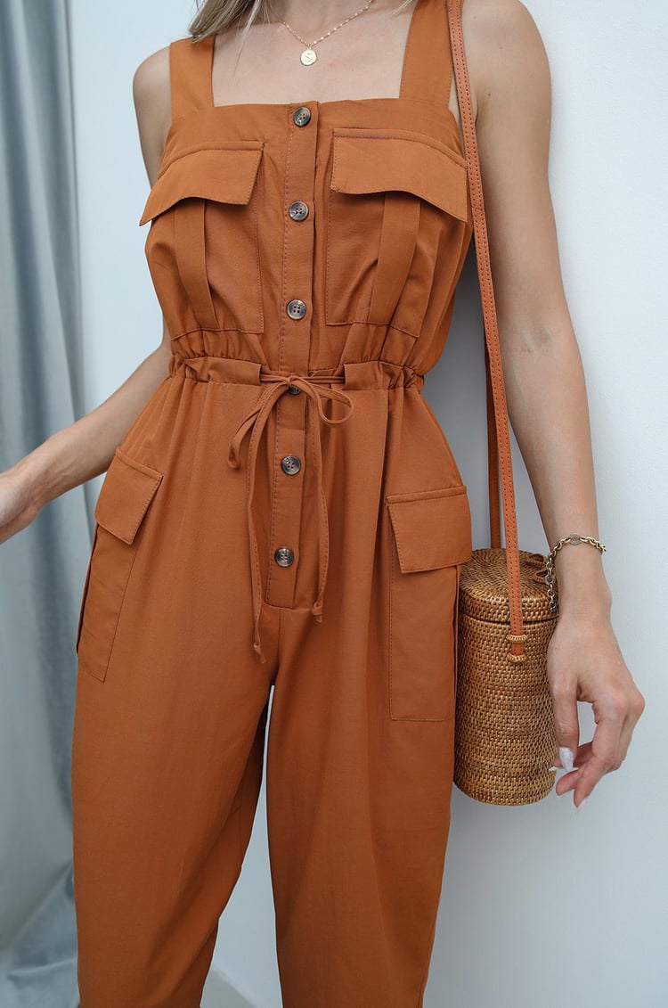 Camel Beli Büzgülü Askılı Tulum